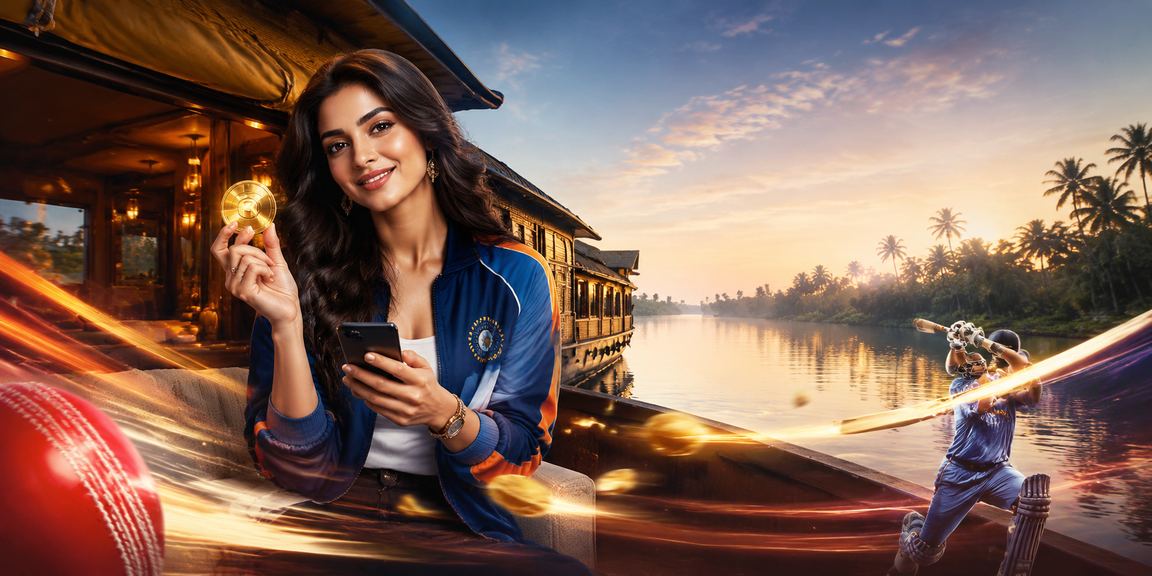 Scenic Kerala backwaters with digital devices for cricket and betting
